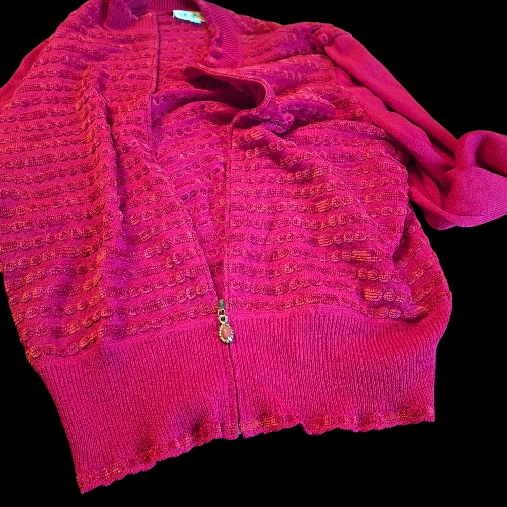 St. John Collection Red Knit Full Zip Long Sleeve Cardigan Sweater Women Size 14 - Picture 9 of 16